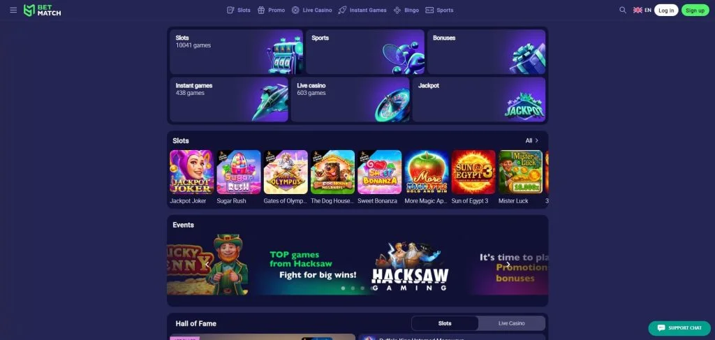 Betmatch Casino főoldala 10 000+ játékkal és élő kaszinóval