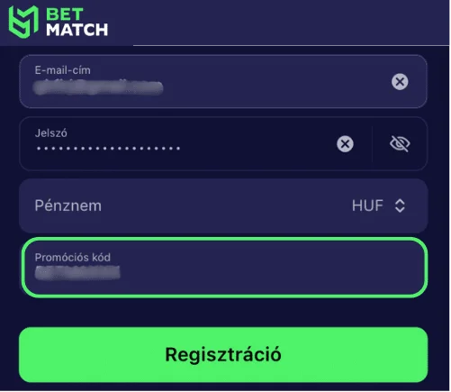 Aktiválási kód megerősítése Betmatch fiók regisztrációnál