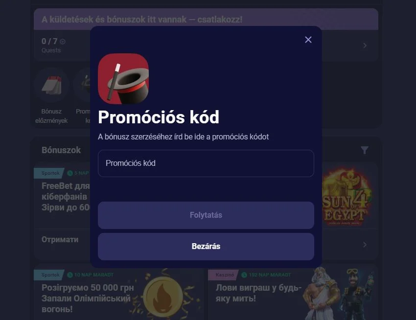 Betmatch promo code mező a regisztrációs űrlapon